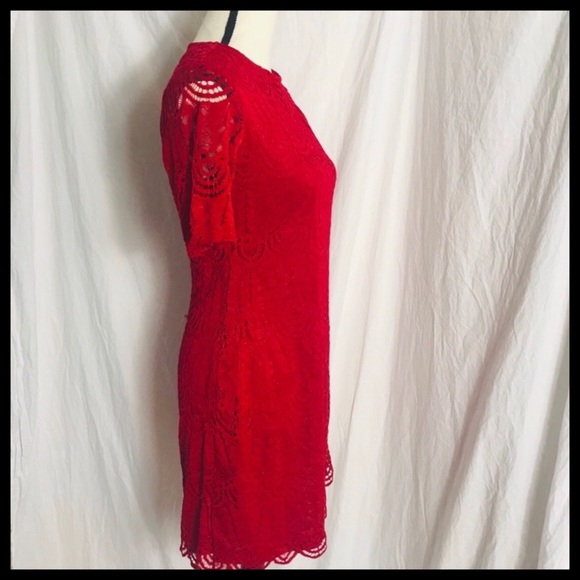 SHARAGANO RED LACE SHORT SLEEVE SHEATH DRESS - Picture 3 of 7